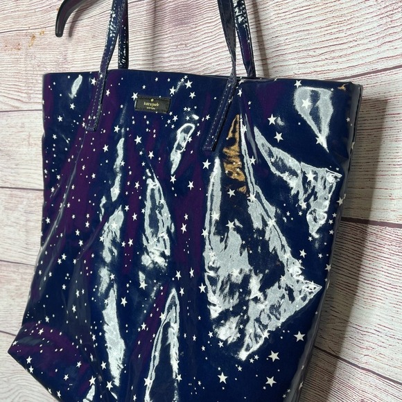Kate Spade Daycation Night Sky Shiney Vinyl Blue Stars Tote Bag - Picture 10 of 12